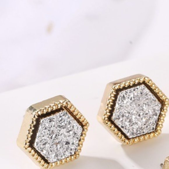 Jewelry - 3/$25 Gold & Silver Druzy Hexagon Stud Earrings